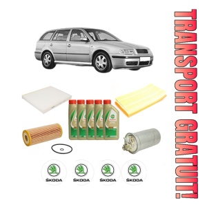 Set Pachet filtre revizie Bosch, 5 litrii ulei Castrol 5W40 SKODA Octavia I Combi (1U5) 1.9 TDI din 2000-2010, 4x Stickere auto cu SKODA