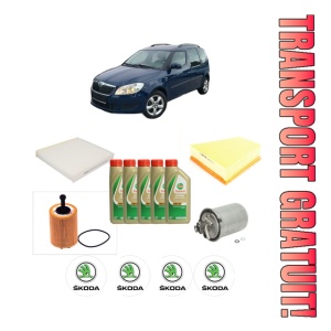Set Pachet filtre revizie Bosch, 5 litrii ulei Castrol 5W40 SKODA ROOMSTER (5J7) 1.9 TDI din 2006, 4x Stickere auto cu SKODA