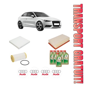 Set Pachet filtre revizie Bosch, 6 litrii ulei Castrol 0W20 AUDI A3 (8V1, 8VK) 2.0 TFSI din 2016-2017, 4x Stickere auto cu AUDI