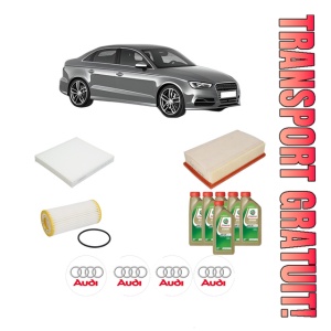 Set Pachet filtre revizie Bosch, 6 litrii ulei Castrol 0W20 AUDI A3 Limousine (8VS, 8VM) 40 TFSI quattro din 2018-2020, 4x Stickere auto cu AUDI