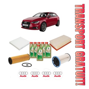 Set Pachet filtre revizie Bosch, 6 litrii ulei Castrol 0W20 AUDI A3 Sportback (8YA, 8YF) 30 TDI din 2019, 4x Stickere auto cu AUDI