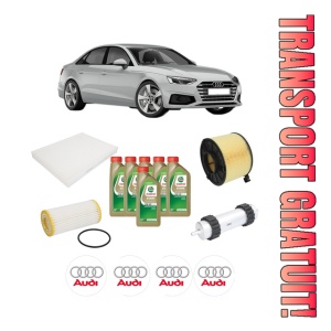 Set Pachet filtre revizie Bosch, 6 litrii ulei Castrol 0W20 AUDI A5 Sportback (F5A, F5F) 40 TFSI Mild Hybrid din 2017, 4x Stickere auto cu AUDI