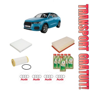 Set Pachet filtre revizie Bosch, 6 litrii ulei Castrol 0W20 AUDI Q3 (F3B) 45 TFSI quattro din 2018, 4x Stickere auto cu AUDI