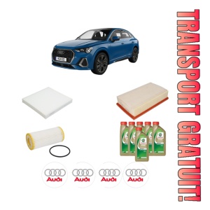 Set Pachet filtre revizie Bosch, 6 litrii ulei Castrol 0W20 AUDI Q3 Sportback (F3N) 45 TFSI quattro din 2019, 4x Stickere auto cu AUDI