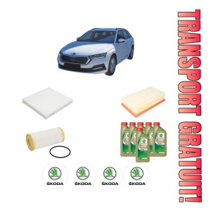 Set Pachet filtre revizie Bosch, 6 litrii ulei Castrol 0W20 SKODA Octavia IV Combi (NX5, PV5) 2.0 TSI RS din 2020, 4x Stickere auto cu SKODA