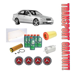 Set Pachet filtre revizie Bosch, 6 litrii ulei Castrol 10W40 MERCEDES-BENZ C-CLASS (W203) C 200 CGI Kompressor (203.043) din 2003-2007, 4x Stickere auto cu MERCEDES-BENZ