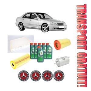 Set Pachet filtre revizie Bosch, 6 litrii ulei Castrol 10W40 MERCEDES-BENZ C-CLASS (W203) C 230 Kompressor (203.040) din 2004-2007, 4x Stickere auto cu MERCEDES-BENZ