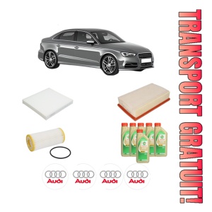Set Pachet filtre revizie Bosch, 6 litrii ulei Castrol 5W30 AUDI A3 Limousine (8VS, 8VM) 1.8 TFSI din 2013-2020, 4x Stickere auto cu AUDI