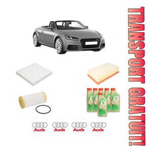 Set Pachet filtre revizie Bosch, 6 litrii ulei Castrol 5W30 AUDI TT Roadster (FV9, FVR) 2.0 TTS TFSI quattro din 2018, 4x Stickere auto cu AUDI