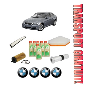 Set Pachet filtre revizie Bosch, 6 litrii ulei Castrol 5W30 BMW Seria 3 (E90) 318 d din 2007-2011, 4x Stickere auto cu BMW