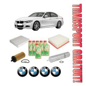 Set Pachet filtre revizie Bosch, 6 litrii ulei Castrol 5W30 BMW Seria 3 (F30, F80) 318 d din 2012-2018, 4x Stickere auto cu BMW