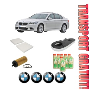 Set Pachet filtre revizie Bosch, 6 litrii ulei Castrol 5W30 BMW Seria 5 (F10) 520 d xDrive din 2013-2014, 4x Stickere auto cu BMW