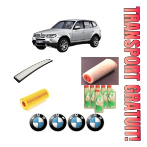 Set Pachet filtre revizie Bosch, 6 litrii ulei Castrol 5W30 BMW Seria X3 (E83) 2.0 d din 2004-2007, 4x Stickere auto cu BMW