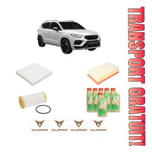 Set Pachet filtre revizie Bosch, 6 litrii ulei Castrol 5W30 CUPRA ATECA (KH7, KHP, KBP) 2.0 TSI 4Drive din 2018, 4x Stickere auto cu CUPRA