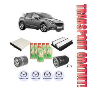 Set Pachet filtre revizie Bosch, 6 litrii ulei Castrol 5W30 MAZDA 3 (BM, BN) 1.5 D (BMLFS, BM4, BN4) din 2016-2019, 4x Stickere auto cu MAZDA