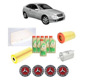 Set Pachet filtre revizie Bosch, 6 litrii ulei Castrol 5W30 MERCEDES-BENZ C-CLASS Coupe (CL203) C 230 Kompressor (203.740) din 2002-2008, 4x Stickere auto cu MERCEDES-BENZ - Img 2