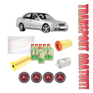 Set Pachet filtre revizie Bosch, 6 litrii ulei Castrol 5W30 MERCEDES-BENZ C-CLASS (W203) C 200 Kompressor (203.042) din 2002-2007, 4x Stickere auto cu MERCEDES-BENZ