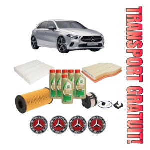 Set Pachet filtre revizie Bosch, 6 litrii ulei Castrol 5W40 MERCEDES-BENZ A-CLASS (W177) A 180 d (177.003) din 2018, 4x Stickere auto cu MERCEDES-BENZ