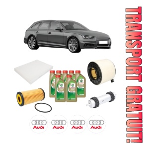 Set Pachet filtre revizie Bosch, 7 litrii ulei Castrol 0W20 AUDI A4 B9 Avant (8W5, 8WD) 3.0 TDI din 2015-2018, 4x Stickere auto cu AUDI