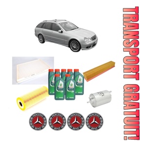 Set Pachet filtre revizie Bosch, 7 litrii ulei Castrol 10W40 MERCEDES-BENZ C-CLASS T-Model (S203) C 200 Kompressor (203.245) din 2001-2002, 4x Stickere auto cu MERCEDES-BENZ