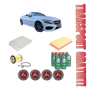 Set Pachet filtre revizie Bosch, 7 litrii ulei Castrol 10W40 MERCEDES-BENZ C-CLASS Convertible (A205) C 200 4-matic (205.443) din 2016-2018, 4x Stickere auto cu MERCEDES-BENZ