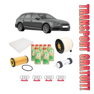 Set Pachet filtre revizie Bosch, 7 litrii ulei Castrol 5W30 AUDI A4 B9 Avant (8W5, 8WD) 3.0 TDI quattro din 2015-2018, 4x Stickere auto cu AUDI