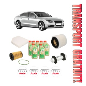 Set Pachet filtre revizie Bosch, 7 litrii ulei Castrol 5W30 AUDI A5 Sportback (8TA) 3.0 TDI quattro din 2015-2017, 4x Stickere auto cu AUDI