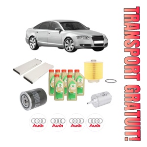 Set Pachet filtre revizie Bosch, 7 litrii ulei Castrol 5W30 AUDI A6 C6 (4F2) 3.0 quattro din 2004-2006, 4x Stickere auto cu AUDI