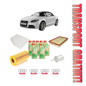 Set Pachet filtre revizie Bosch, 7 litrii ulei Castrol 5W30 AUDI TT Roadster (8J9) 2.5 RS quattro din 2009-2014, 4x Stickere auto cu AUDI