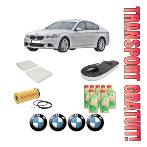 Set Pachet filtre revizie Bosch, 7 litrii ulei Castrol 5W30 BMW Seria 5 (F10) 525 d din 2010-2011, 4x Stickere auto cu BMW