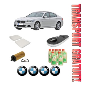 Set Pachet filtre revizie Bosch, 7 litrii ulei Castrol 5W30 BMW Seria 5 (F10) 535 d xDrive din 2011-2016, 4x Stickere auto cu BMW