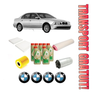 Set Pachet filtre revizie Bosch, 7 litrii ulei Castrol 5W40 BMW Seria 5 (E39) 525 d din 2000-2003, 4x Stickere auto cu BMW