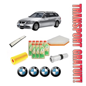 Set Pachet filtre revizie Bosch, 8 litrii ulei Castrol 5W30 BMW Seria 3 Touring (E91) 330 d xDrive din 2009-2012, 4x Stickere auto cu BMW
