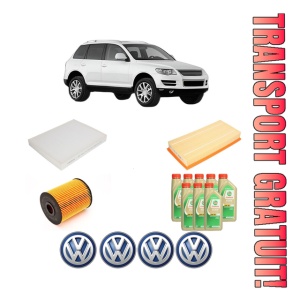 Set Pachet filtre revizie Bosch, 8 litrii ulei Castrol 5W30 Volkswagen TOUAREG (7LA, 7L6, 7L7) 4.2 V8 din 2002-2006, 4x Stickere auto cu Volkswagen