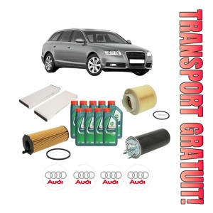 Set Pachet filtre revizie Bosch, 9 litrii ulei Castrol 10W40 AUDI A6 C6 Avant (4F5) 2.7 TDI din 2005-2011, 4x Stickere auto cu AUDI