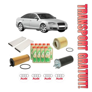 Set Pachet filtre revizie Bosch, 9 litrii ulei Castrol 5W30 AUDI A6 C6 (4F2) 2.7 TDI din 2004-2008, 4x Stickere auto cu AUDI