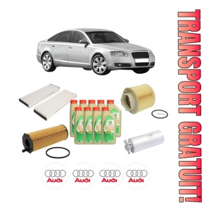 Set Pachet filtre revizie Bosch, 9 litrii ulei Castrol 5W30 AUDI A6 C6 (4F2) 3.0 TDI quattro din 2008-2011, 4x Stickere auto cu AUDI