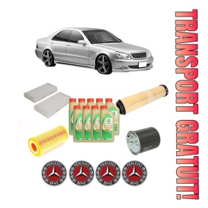 Set Pachet filtre revizie Bosch, 9 litrii ulei Castrol 5W30 MERCEDES-BENZ S-CLASS (W220, V220) S 320 CDI (220.025, 220.125) din 2002-2005, 4x Stickere auto cu MERCEDES-BENZ