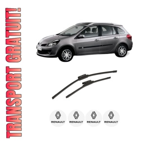 Set stergatoare auto RENAULT CLIO III Grandtour (KR0/1_) din 2007-2014, pentru parbriz auto, 2 bucati, Bosch Aerotwin, din cauciuc siliconat rezistent, 4 Stickere Auto RENAULT