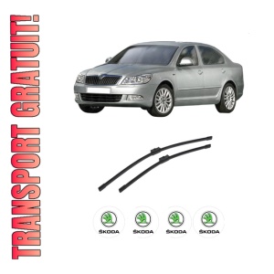 Set stergatoare auto SKODA Octavia II (1Z3) din 2004-2013, pentru parbriz auto, 2 bucati, Bosch Aerotwin, din cauciuc siliconat rezistent, 4 Stickere Auto SKODA