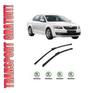 Set stergatoare auto SKODA Octavia III (5E3, NL3, NR3) din 2012-2020, pentru parbriz auto, 2 bucati, Bosch Aerotwin, din cauciuc siliconat rezistent, 4 Stickere Auto SKODA