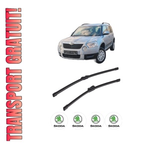 Set stergatoare auto SKODA YETI (5L) din 2009-2017, pentru parbriz auto, 2 bucati, Bosch Aerotwin, din cauciuc siliconat rezistent, 4 Stickere Auto SKODA