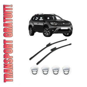 Set stergatoare DACIA DUSTER (HM_) din 2017-2022, pentru parbriz auto, 2 bucati, Bosch Aerotwin, din cauciuc siliconat rezistent, 4 Stickere Auto DACIA