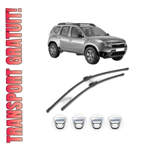 Set stergatoare DACIA DUSTER (HS_) din 2010-2018, pentru parbriz auto, 2 bucati, Valeo Silencio Xtrm, din cauciuc siliconat rezistent, 4 Stickere Auto DACIA