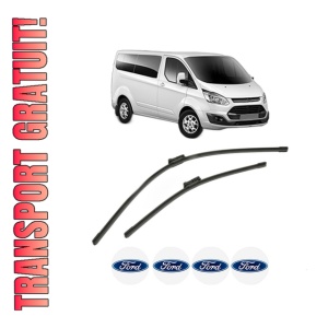Set stergatoare FORD TRANSIT CUSTOM V362 Bus (F3) din 2012-2023, pentru parbriz auto, 2 bucati, Bosch Aerotwin, din cauciuc siliconat rezistent, 4 Stickere Auto FORD