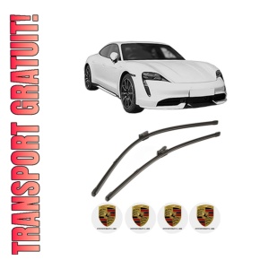 Set stergatoare PORSCHE TAYCAN (Y1A) din 2019-2023, pentru parbriz auto, 2 bucati, Valeo Silencio Xtrm, din cauciuc siliconat rezistent, 4 Stickere Auto PORSCHE