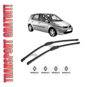 Set stergatoare RENAULT SCENIC II (JM0/1_) din 2003-2009, pentru parbriz auto, 2 bucati, Bosch Aerotwin, din cauciuc siliconat rezistent, 4 Stickere Auto RENAULT