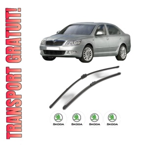 Set stergatoare SKODA Octavia II (1Z3) din 2004-2013, pentru parbriz auto, 2 bucati, Valeo Silencio Xtrm, din cauciuc siliconat rezistent, 4 Stickere Auto SKODA