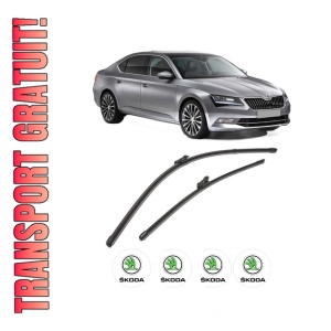 Set stergatoare SKODA SUPERB III (3V3) din 2015-2024, pentru parbriz auto, 2 bucati, Valeo Silencio Xtrm, din cauciuc siliconat rezistent, 4 Stickere Auto SKODA