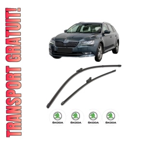 Set stergatoare SKODA SUPERB III Estate (3V5) din 2015-2024, pentru parbriz auto, 2 bucati, Valeo Silencio Xtrm, din cauciuc siliconat rezistent, 4 Stickere Auto SKODA